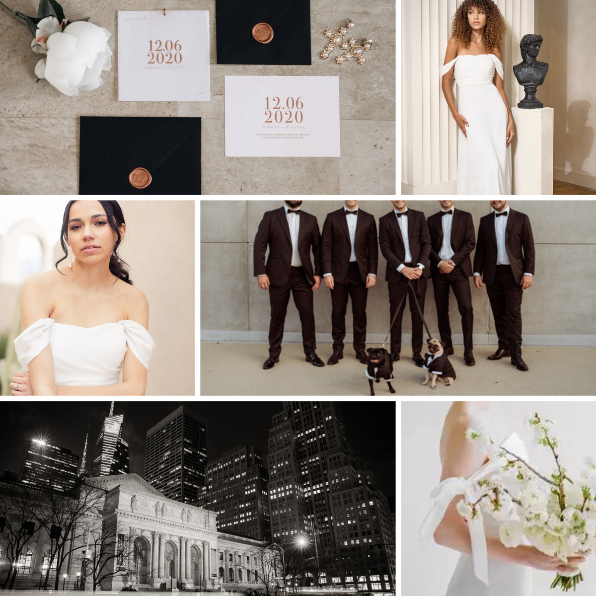 a moodboard for a modern and luxury, black and white opulent wedding