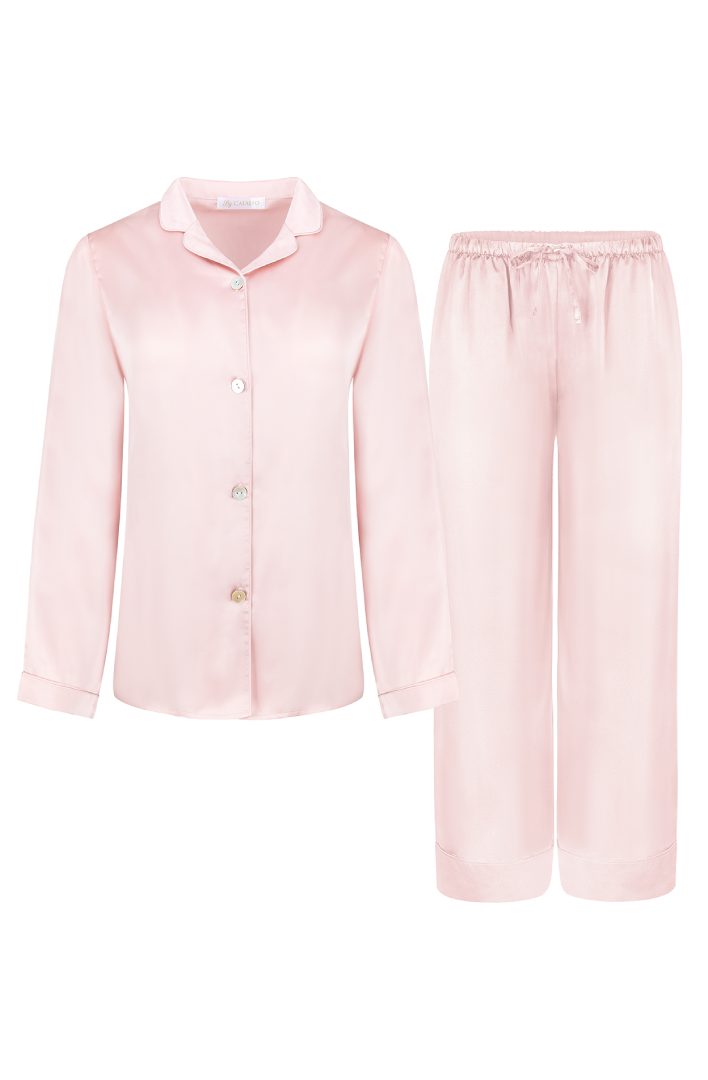 elegant pink pajama set for women with long sleeves and pants