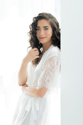 front view of by catalfo white bridal robe with lace, in Toronto