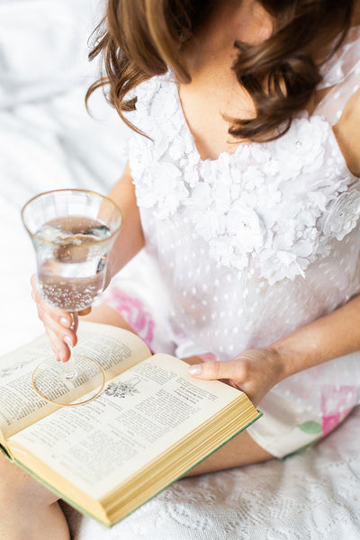 Bride wearing 3d floral lace pj top on wedding day