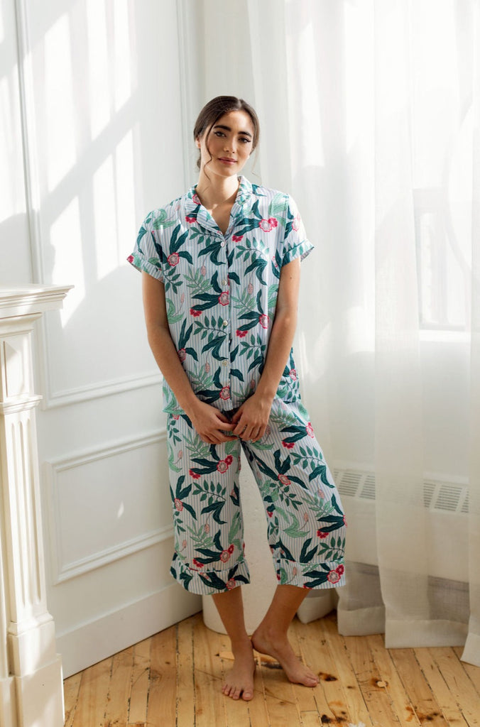 Woman wearing short sleeve floral print PJ Set