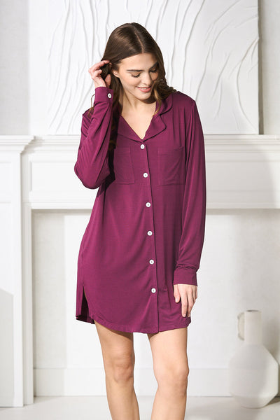 a women wearing a long sleeve modal sleepshirt from By Catalfo in Burgundy