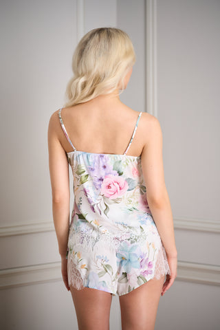 back view of by catalfo's floral print camisole and shorts pj set