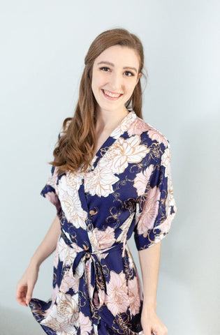 navy floral print silky kimono robe for women