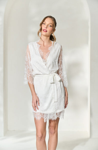 best white lace bridal robe for getting ready from By Catalfo
