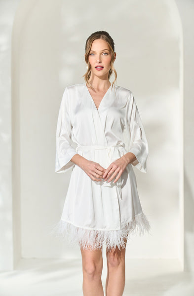 luxurious, white silk robe with feather trim from By Catalfo