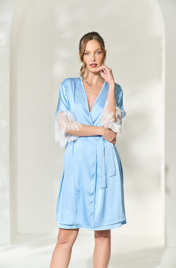 light blue silk bridal party robe with lace trim