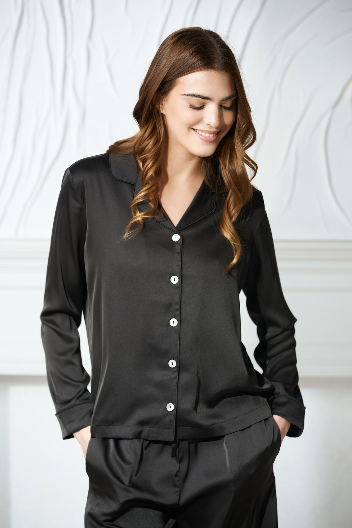 womens black silky pajama set with mother of pearl button up pj top