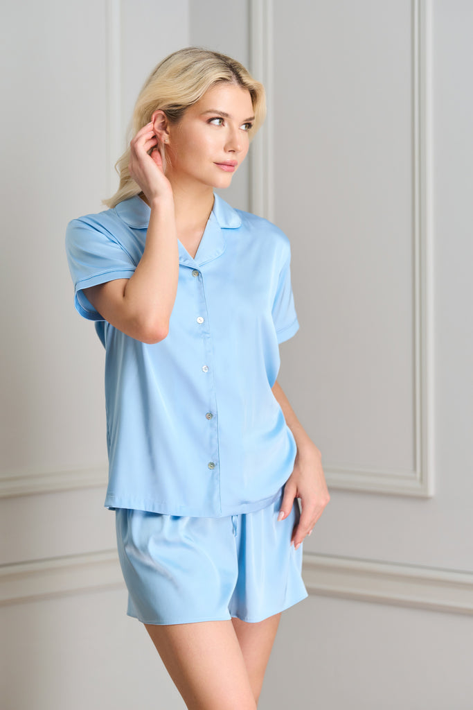 Powder Blue Charmeuse Shortie PJs Bridal Pajamas By Catalfo
