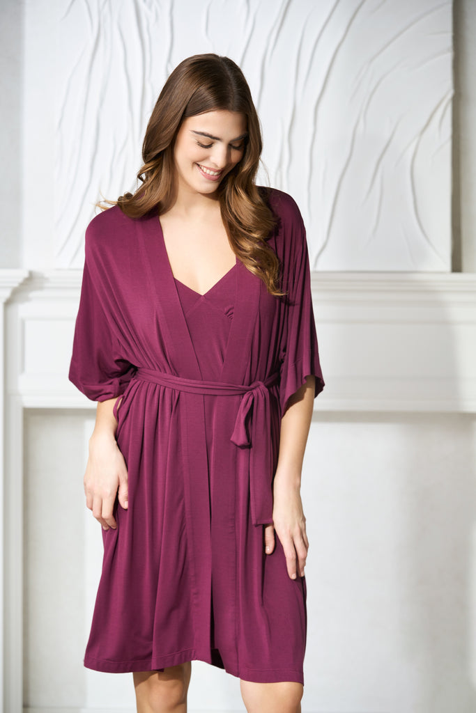 Women's sustainable modal loungewear robe in dark cherry from By Catalfo