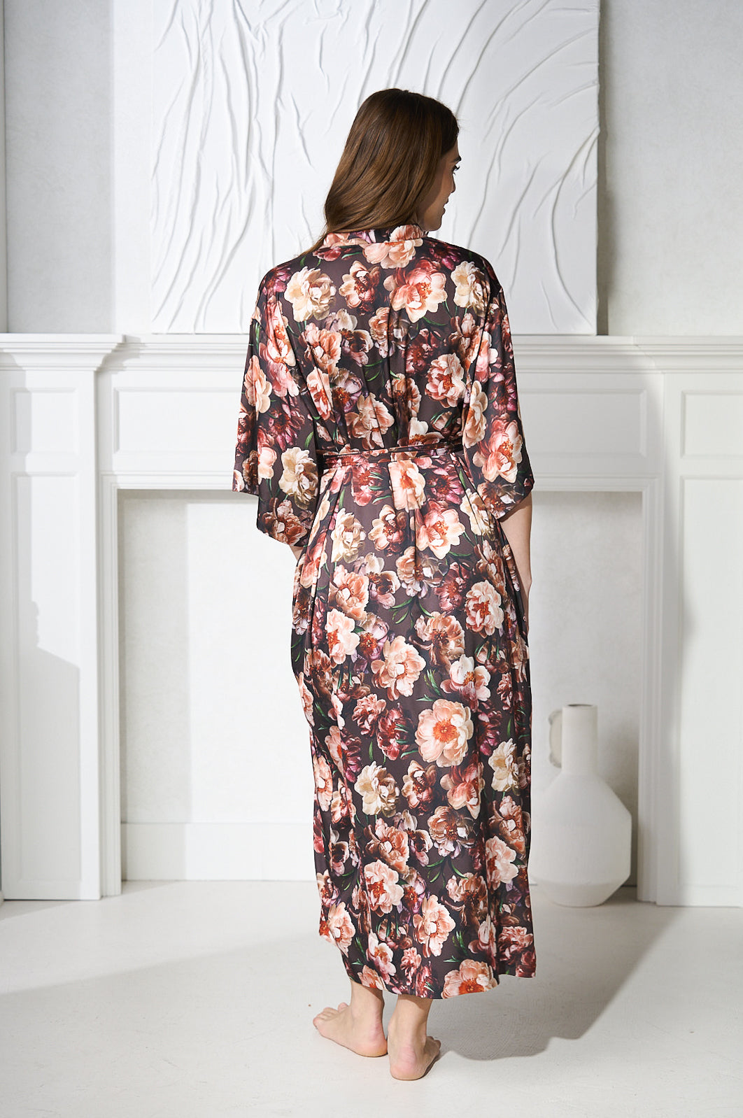 back view of womens long maxi floral kimono robe