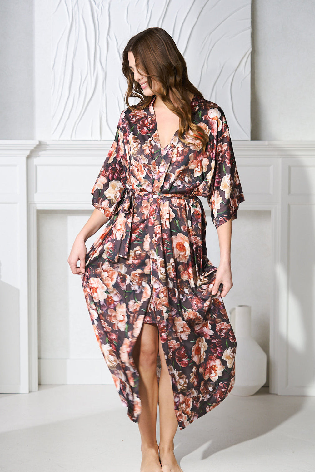 women's long floral print silky robe in Toronto Canada 