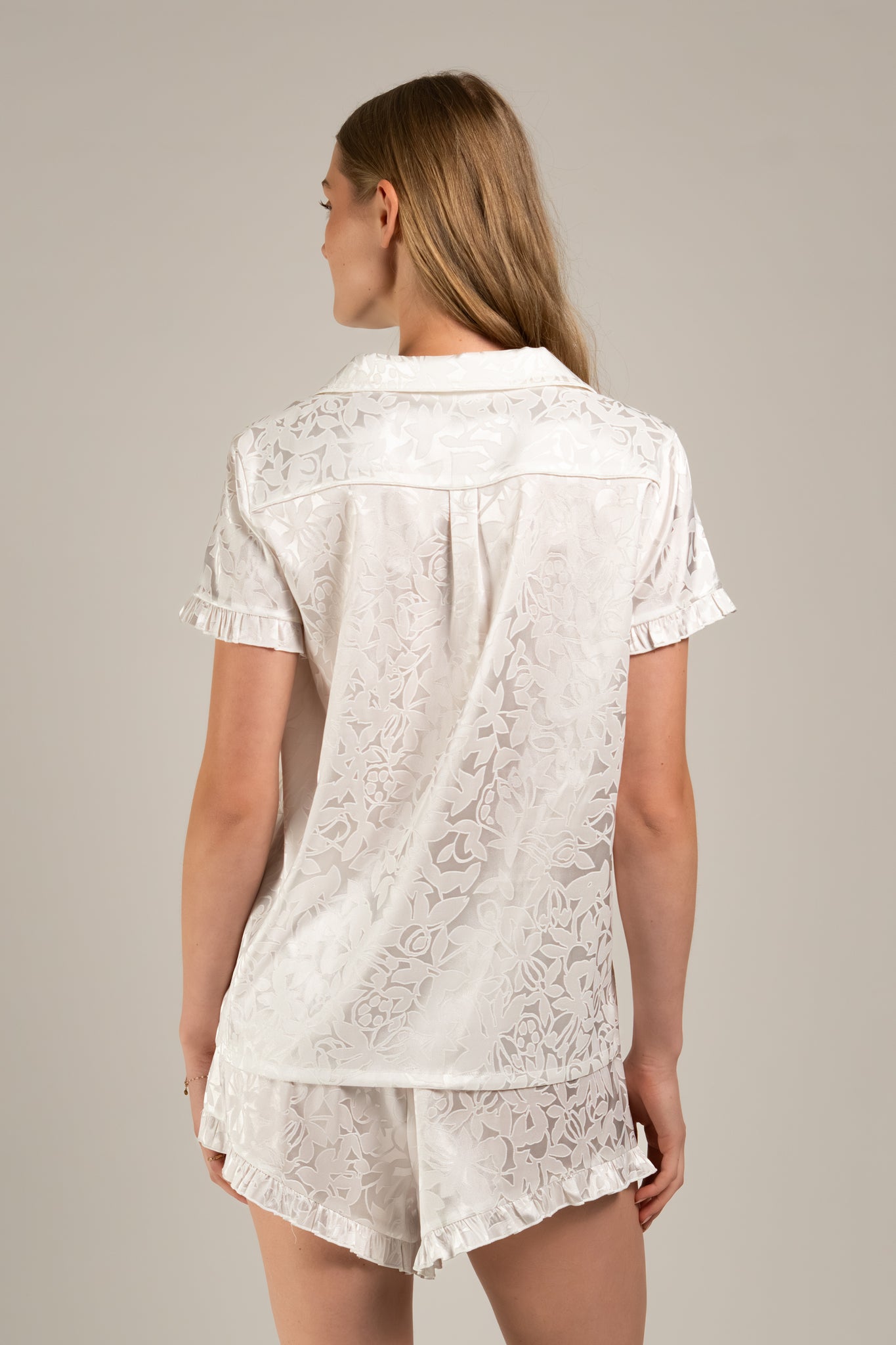 Ivory Jacquard Shortie PJs with Ruffles