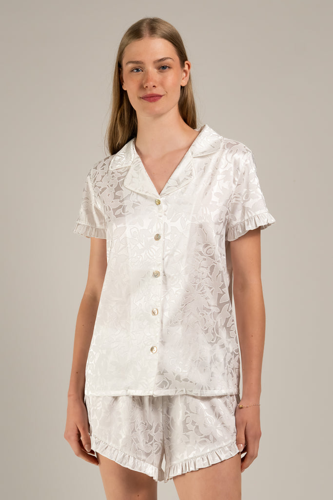 Ivory Jacquard Shortie PJs with Ruffles