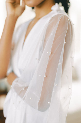 white luxury bridal robe with pearl details