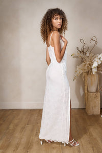 long, lace white wedding dress for beach and destination weddings
