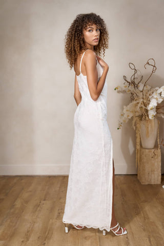 long, lace white wedding dress for beach and destination weddings