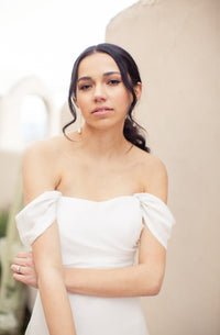 minimalist, strapless off the shoulder wedding gown 