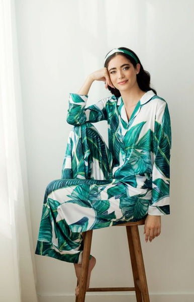 a Toronto women models By Catalfo's Paradiso Palm print pyjamas at modern studio