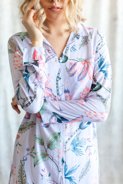 Lavender boyfriend shirt loungewear from by catalfo in the Capri tropical floral print