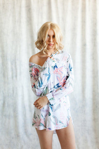 white floral print boyfriend shirt for getting-ready or beach cover up