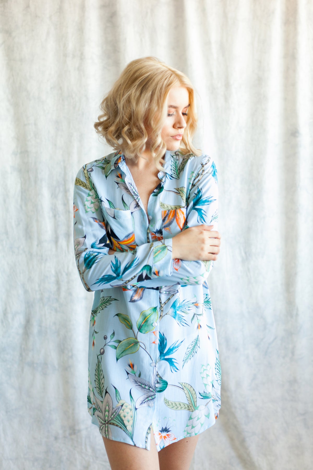 Light blue boyfriend shirt and sleep shirt from by catalfo in the Capri tropical floral print