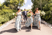 bridesmaids wearing floral dresses in toronto, with bouquets