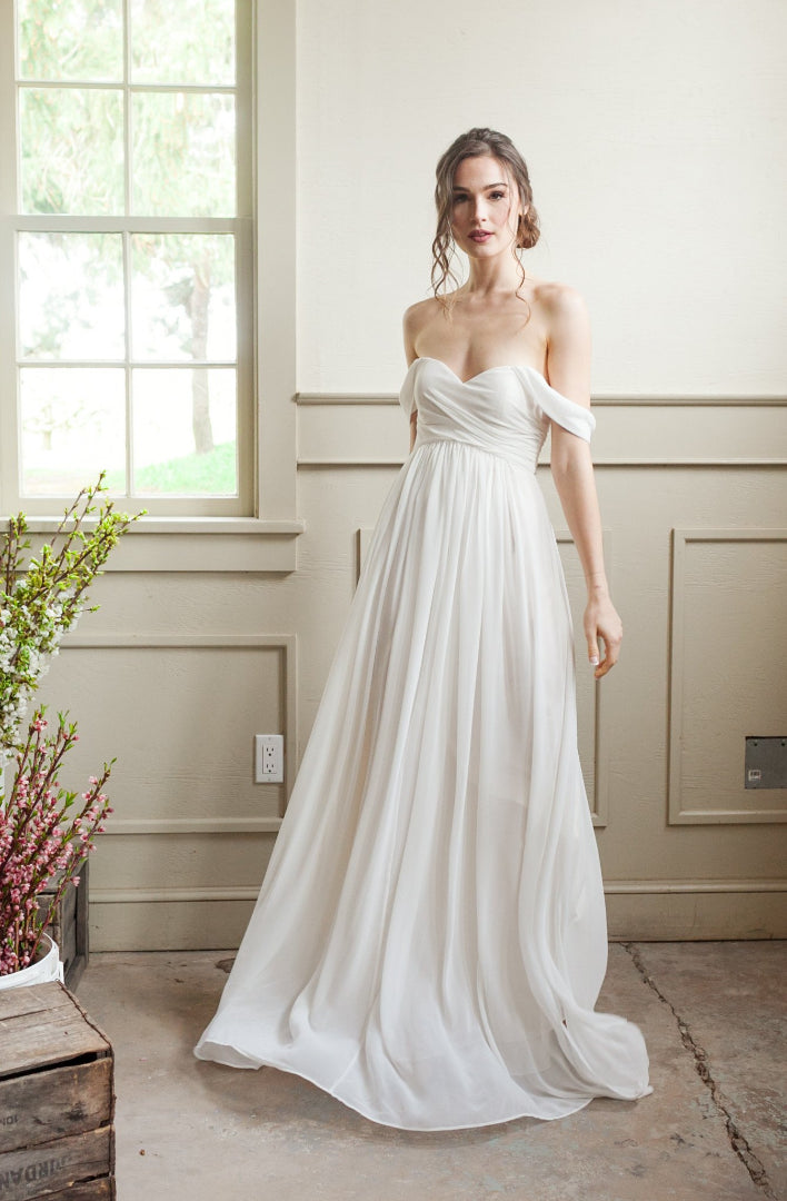simple wedding gown with off the shoulder sleeves, white elopement dress