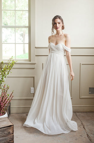 simple wedding gown with off the shoulder sleeves, white elopement dress
