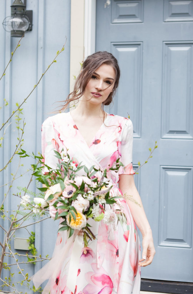 Custom floral print wrap dress for bridesmaids in Toronto, custom bridesmaid dress, flowy dress