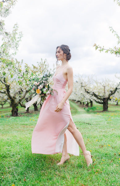Modern bridesmaid dress with skirt slit from by Catalfo, in Toronto