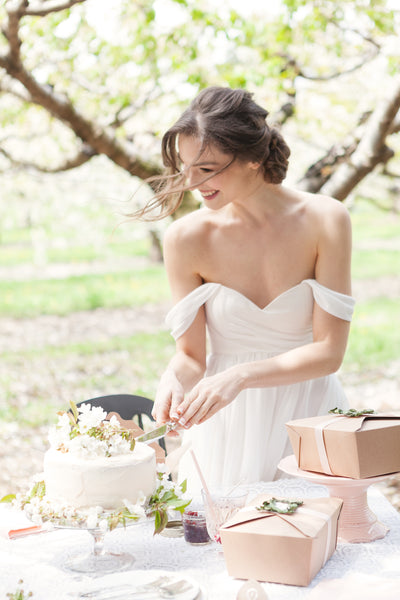 Simple elopement dress with off the shoulder sleeves, in Niagara