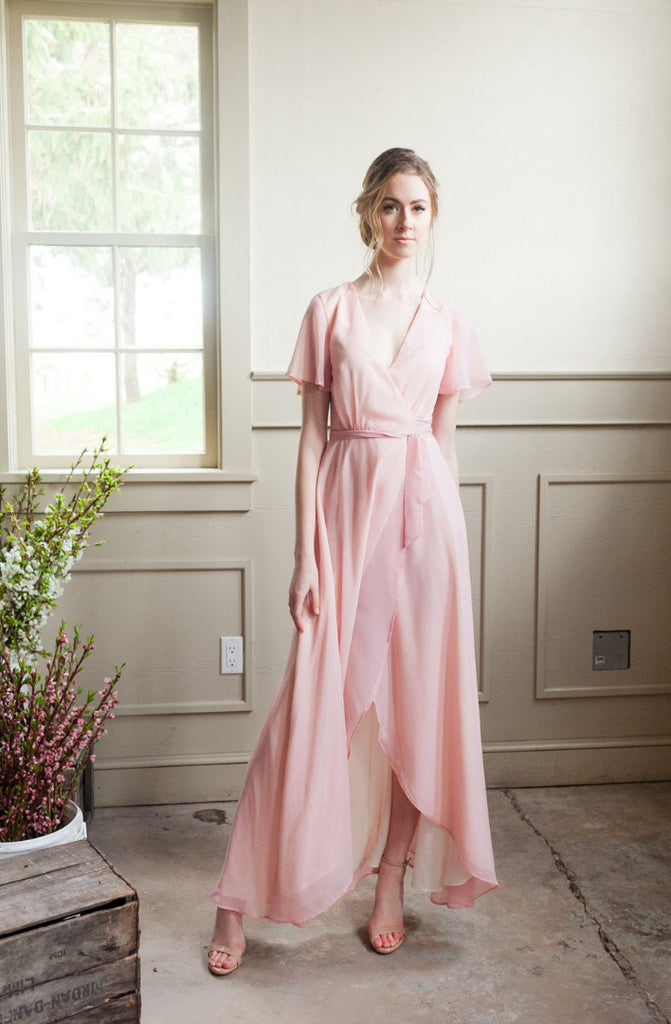 Flowy Wrap Dress (Custom Colour) | Blush, flowy custom wrap dress for bridesmaids