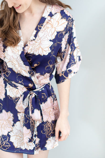 Navy, blush and gold Brooklyn Floral print bridesmaid robe for getting ready or bridesmaid gift in toronto