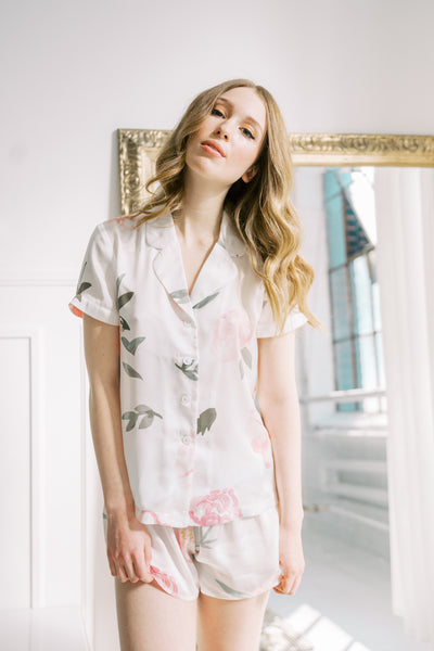 white and blush floral print pajama set from by catalfo