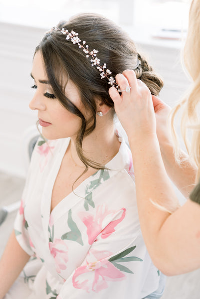 a bride getting ready wearing by catalfo peony floral print robe.