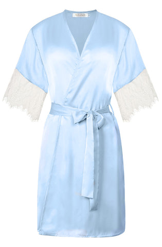 powder blue silky bridesmaid robe with lace trim