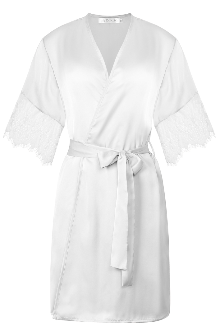 white, silky bridal robe with lace trim 