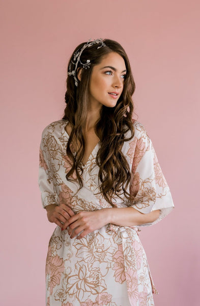 by catalfo silk bridesmaid robe in blush, gold and ivory floral print