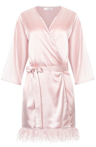 Blush robe with ostrich feather trim from By Catalfo