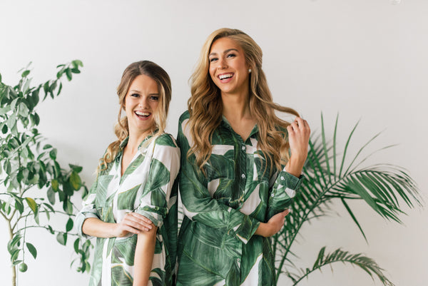 bridesmaids wearing tropical print boyfriend shirt from by catalfo