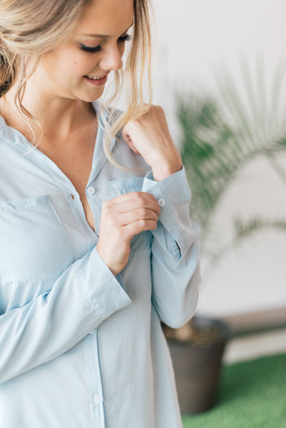 Button sleeve detail on By Catalfo Chambray boyfriend shirt for getting-ready