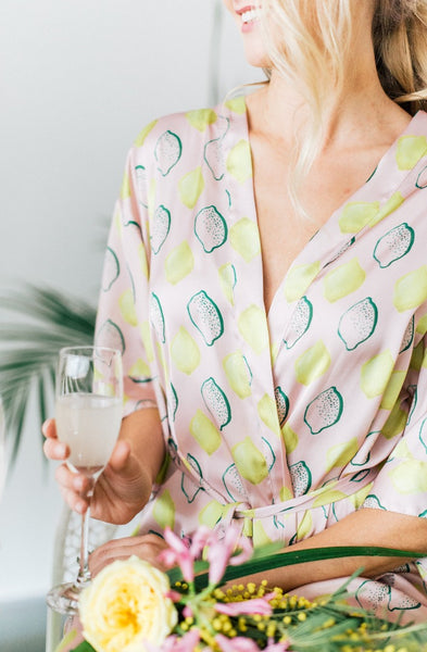 Lemon print bridesmaid robe for getting ready and bachelorette parties