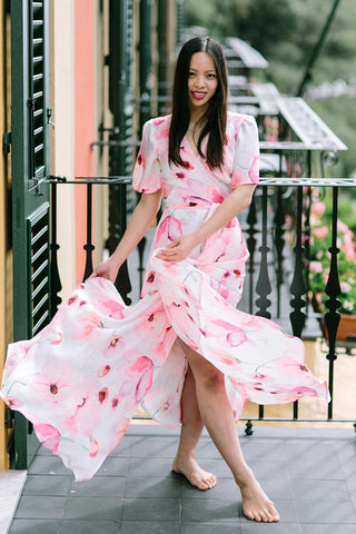 Custom flowy wrap dress in Toronto, blush floral print custom dress