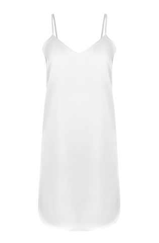 simple white silky slip dress for a bride getting ready