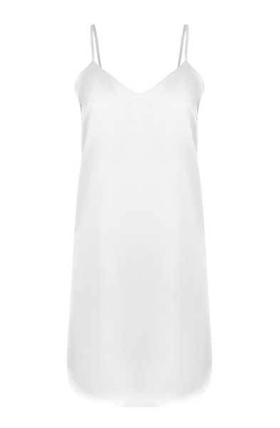 simple white silky slip dress for a bride getting ready