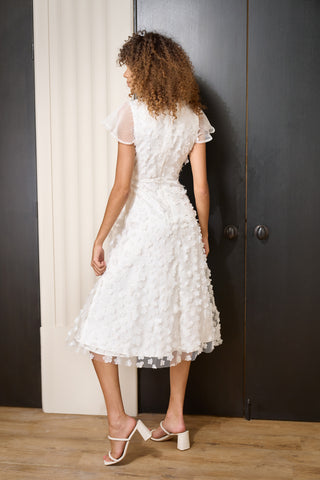 modern little white party dress with 3D florals and pleated tulle cap sleeves